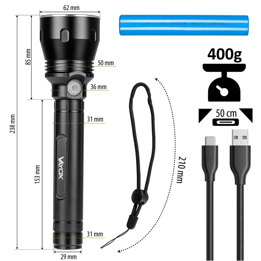 LED Ρυθμιζόμενος Φορτιζόμενος Φακός LED/20W/5V IPX5 1570 lm 8400 mAh