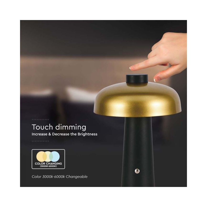 LED Ρυθμιζόμενο επαναφορτιζόμενο επιτραπέζιο φωτιστικό αφής LED/3W/5V 3000-6000K 1800 mAh μαύρο/χρυσό