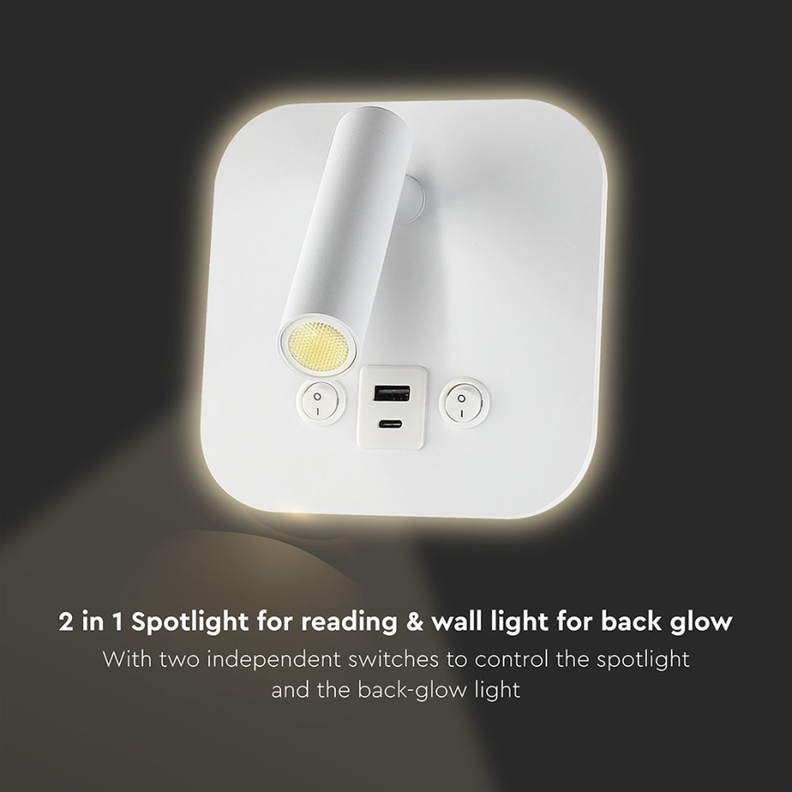 LED Επιτοίχιο σποτ με θύρα USB LED/8W/230V 3000K λευκό