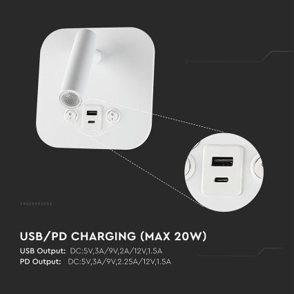 LED Επιτοίχιο σποτ με θύρα USB LED/8W/230V 3000K λευκό