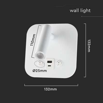 LED Επιτοίχιο σποτ με θύρα USB LED/8W/230V 3000K λευκό
