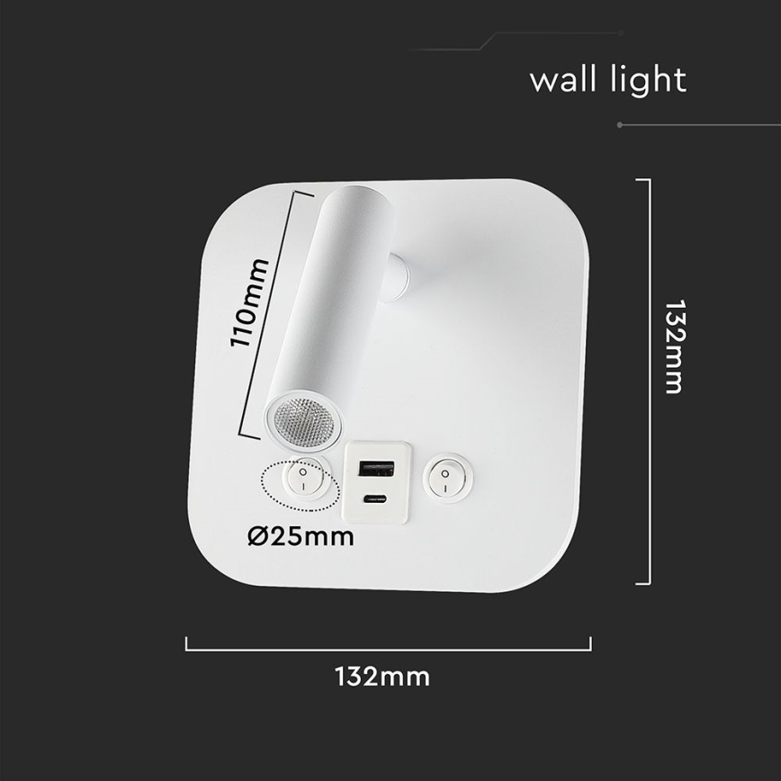 LED Επιτοίχιο σποτ με θύρα USB LED/8W/230V 3000K λευκό
