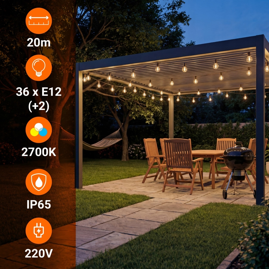 LED Εξωτερική διακοσμητική αλυσίδα 36xE12/1W/230V 22,35 m IP65 μαύρη