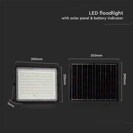 LED Εξωτερικός ηλιακός προβολέας LED/20W/3,2V 6400K μαύρο IP65 16000 mAh + τηλεχειριστήριο