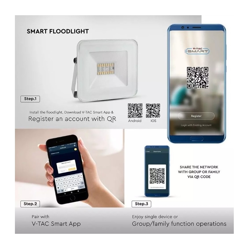 LED Έξυπνος dimmable RGB προβολέας LED/20W/230V IP65 λευκό
