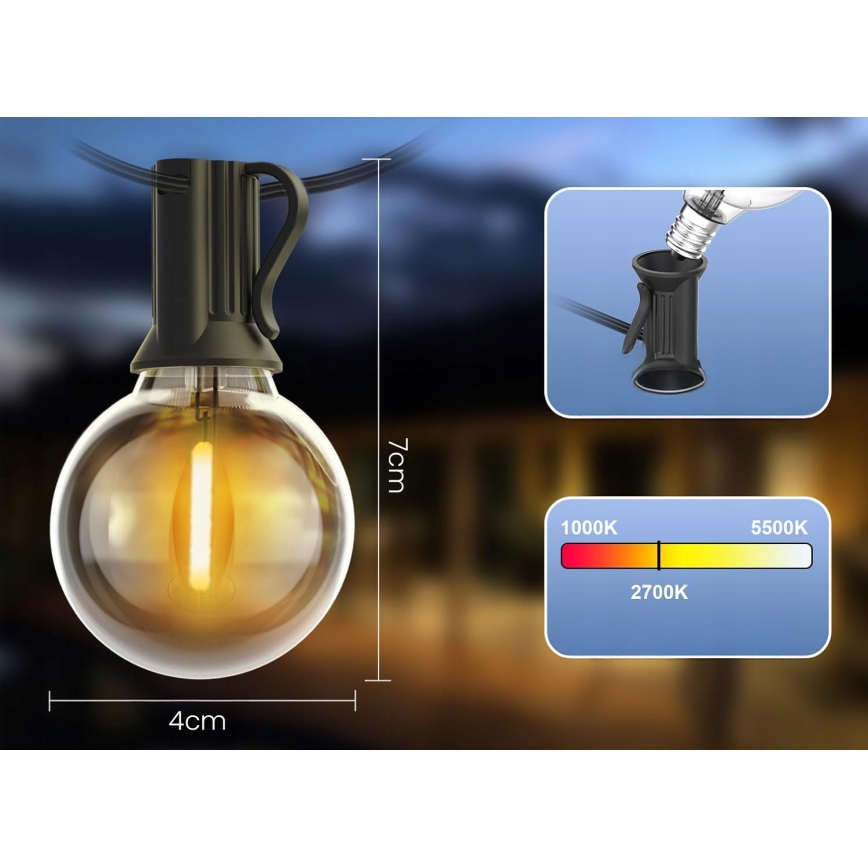 LED διακοσμητική γιρλάντα εξωτερικού χώρου 20xE12/1W/230V, 20 m, IP65, μαύρη