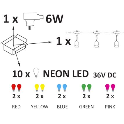 LED Διακοσμητικά λαμπάκια εξωτερικού χώρου PARTY NEON 7,6 m 10xE27/0,6W/36V IP44