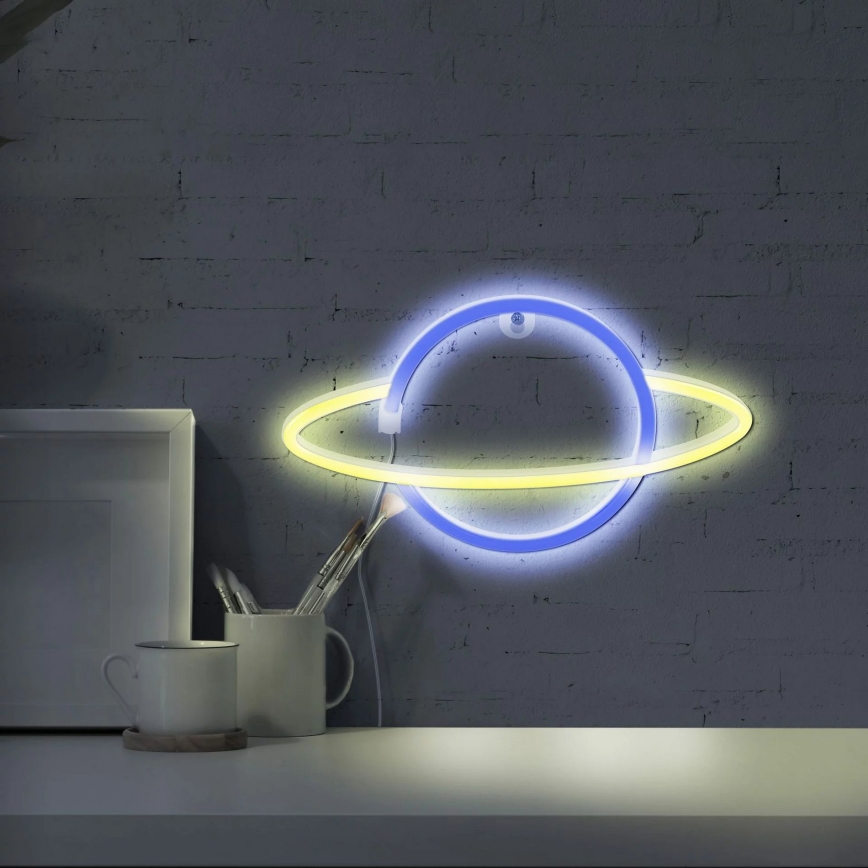 LED Διακοσμητικό φωτιστικό τοίχου Neon PLANET LED/3W/3xAA USB μπλε/κίτρινο