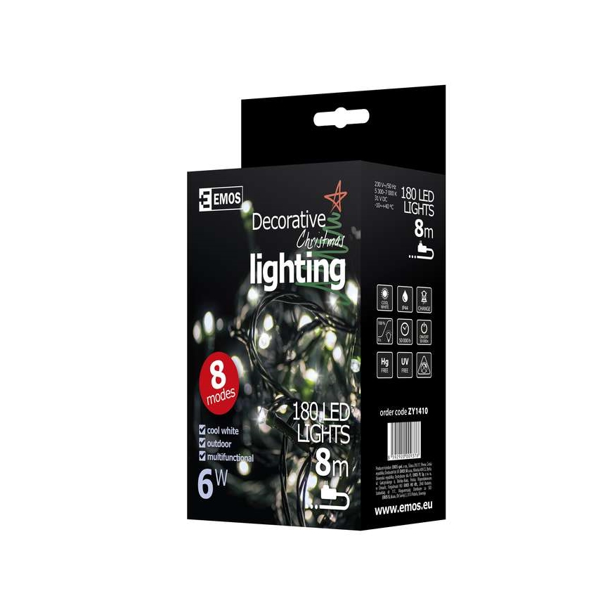 LED Εξωτερικά Χριστουγεννιάτικα λαμπάκια CHAIN 180xLED/8 λειτουργίες 8m IP44 ψυχρό λευκό