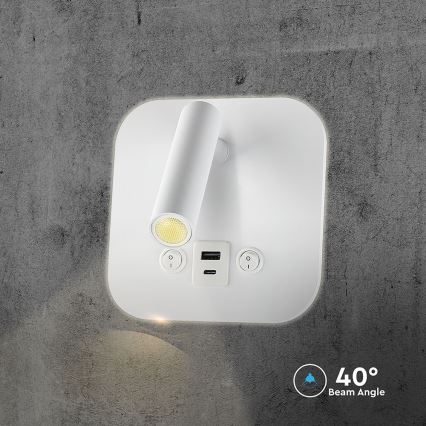 LED Επιτοίχιο σποτ με θύρα USB LED/8W/230V 3000K λευκό