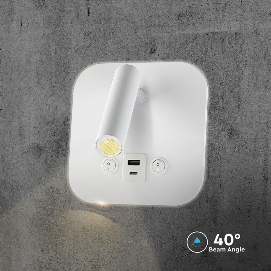 LED Επιτοίχιο σποτ με θύρα USB LED/8W/230V 3000K λευκό