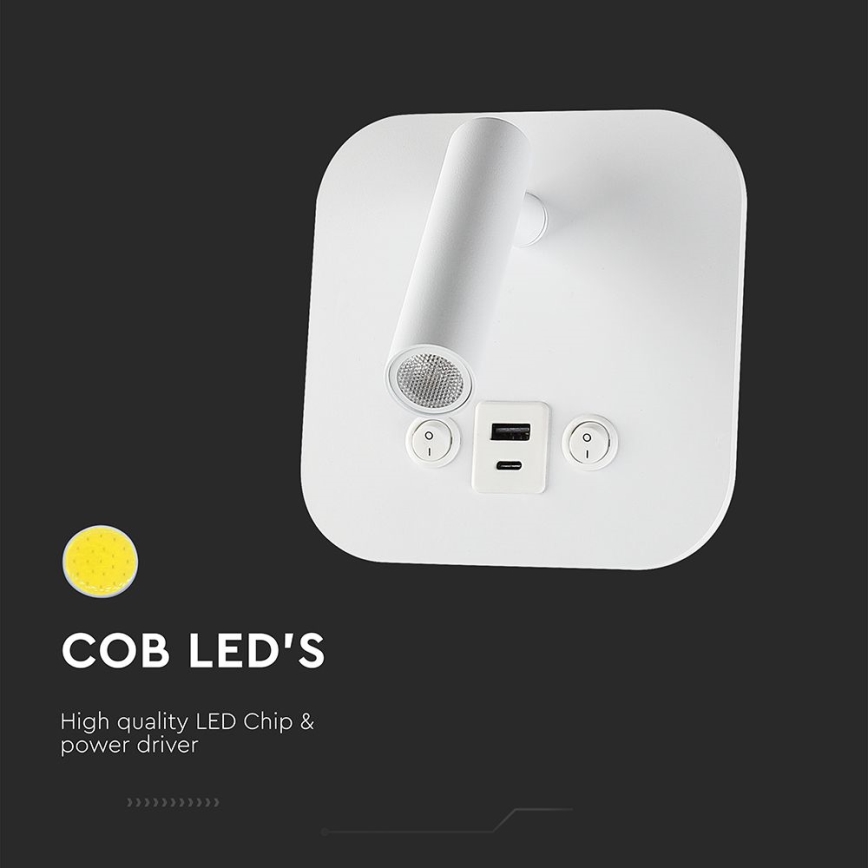 LED Επιτοίχιο σποτ με θύρα USB LED/8W/230V 3000K λευκό