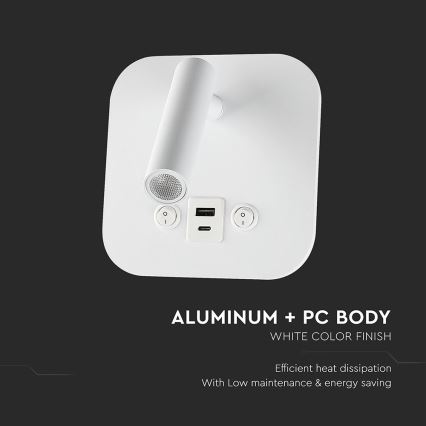 LED Επιτοίχιο σποτ με θύρα USB LED/8W/230V 3000K λευκό