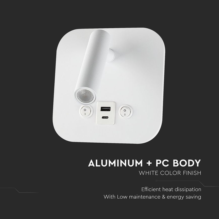 LED Επιτοίχιο σποτ με θύρα USB LED/8W/230V 3000K λευκό
