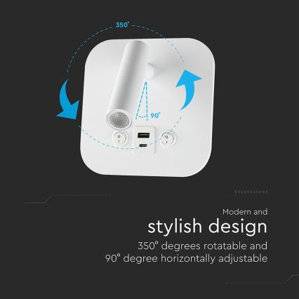 LED Επιτοίχιο σποτ με θύρα USB LED/8W/230V 3000K λευκό
