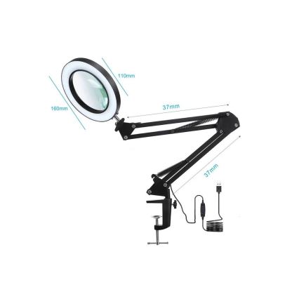 LED Ρυθμιζόμενο Επιτραπέζιο Φωτιστικό με Μεγεθυντικό Φακό LED/22W/5V 4000-6000K μαύρο