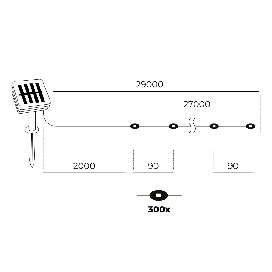 LED - Ηλιακό λαμπάκια 300xLED/0,12W/1,2V 1xAA 27 m IP44 3000K 800 mAh