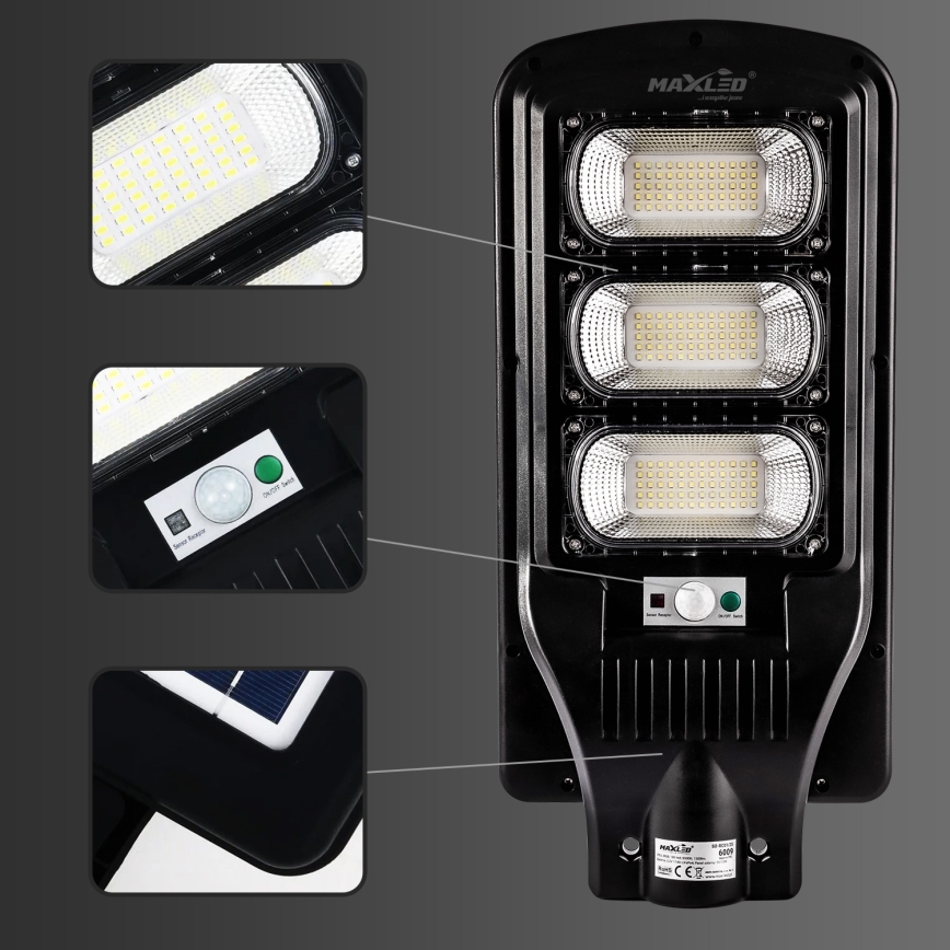 LED Dimmable ηλιακό φωτιστικό δρόμου με αισθητήρα LED/180W/6V 11000 mAh 6500K IP65 μαύρο + τηλεχειριστήριο