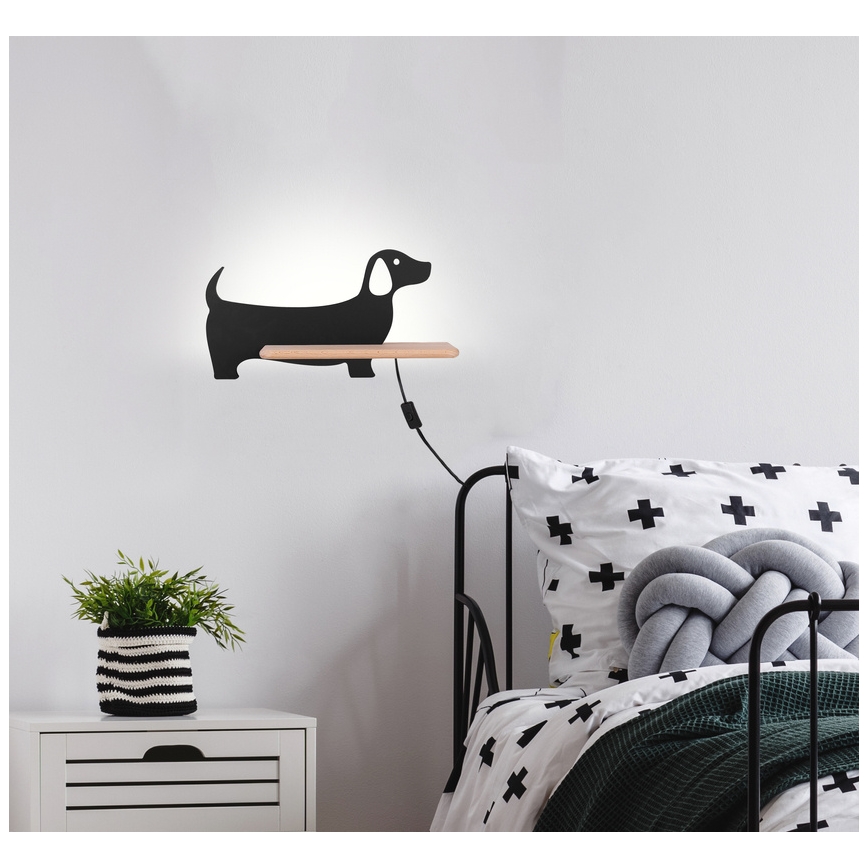 LED Παιδικό φωτιστικό τοίχου με ράφι DOG LED/5W/230V μαύρο/ξύλο,