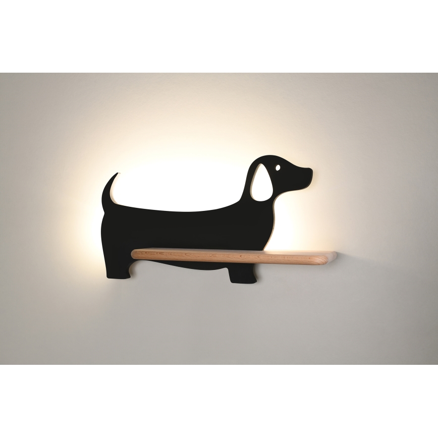 LED Παιδικό φωτιστικό τοίχου με ράφι DOG LED/5W/230V μαύρο/ξύλο,