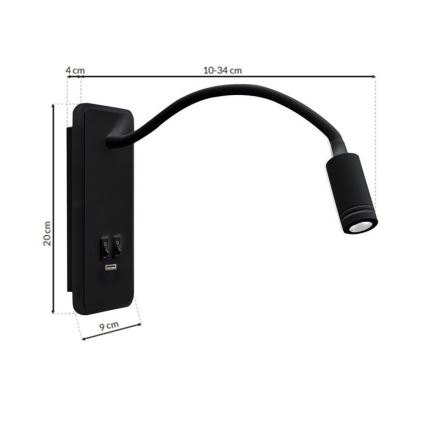 LED Φωτιστικό Τοίχου - Απλίκα με USB BASE 1xLED/8W+1xLED/2W/230V μαύρο