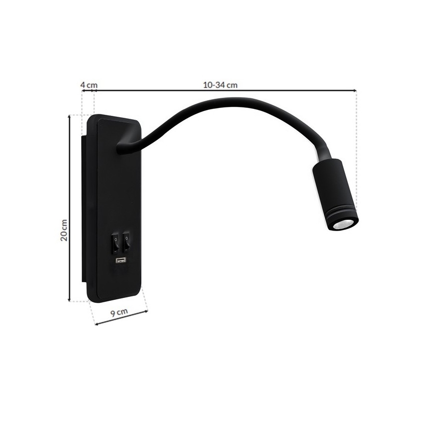 LED Φωτιστικό Τοίχου - Απλίκα με USB BASE 1xLED/8W+1xLED/2W/230V μαύρο