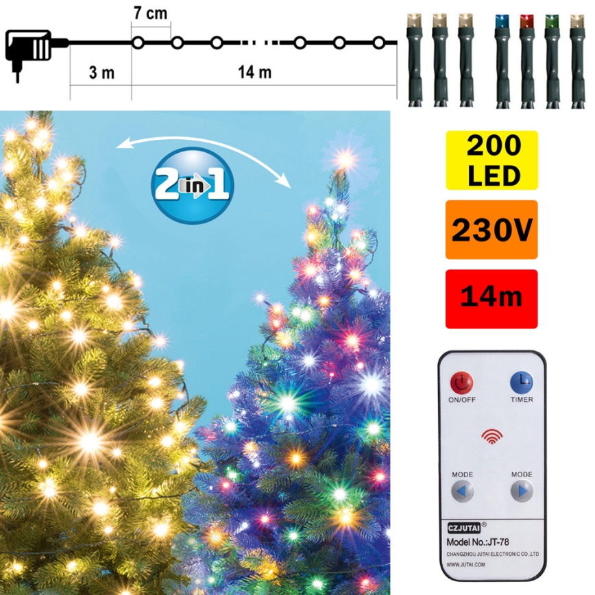 LED Χριστουγεννιάτικα λαμπάκια εξωτερικού χώρου 200xLED 17m IP44 ζεστό λευκό/πολύχρωμα+ τηλεχειριστήριο