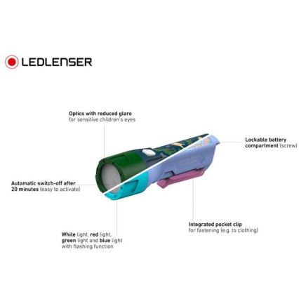 Ledlenser KIDBEAM4 DINO - φακός LED για παιδιά με ρυθμιζόμενη φωτεινότητα, τροφοδοσία 2xAAA, IP44, πράσινος
