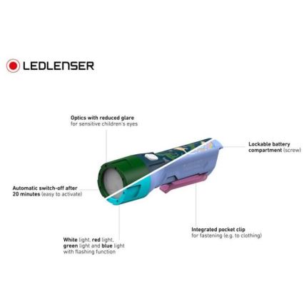 Ledlenser KIDBEAM4 RAINBOW - LED παιδικός φακός με ρυθμιζόμενη φωτεινότητα, LED/2xAAA, IP44, μωβ