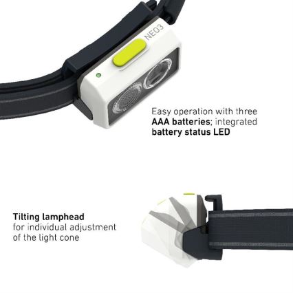 Ledlenser NEO3 - Φακός κεφαλής LED με ρύθμιση φωτεινότητας LED/3xAAA IP54 400 lm 20 h μαύρο/λευκό