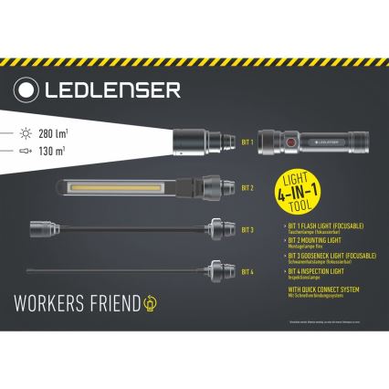 Ledlenser WORKERS FRIEND - Επαναφορτιζόμενος LED φακός με ρύθμιση φωτεινότητας LED/2500 mAh 280 lm 80 h μαύρος