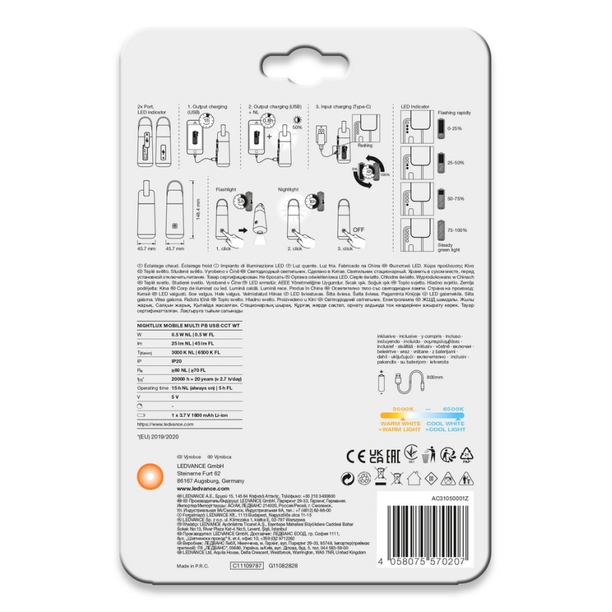 Ledvance - Φορητή LED τράπεζα ενέργειας με λειτουργία φακού MOBILE LED/0,5W/5V 1800 mAh 2xUSB