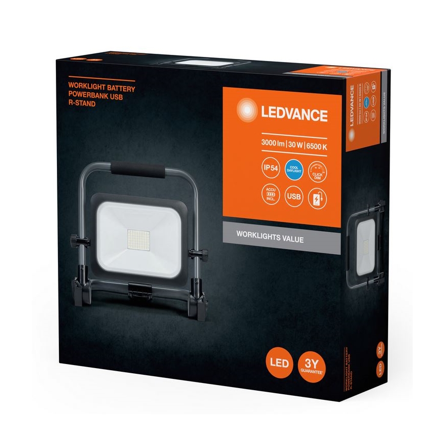 Ledvance - LED Dimming Εξωτερικού χώρου επαναφορτιζόμενος προβολέας WORKLIGHT BATTERY LED/30W/5V 2200 mAh IP54