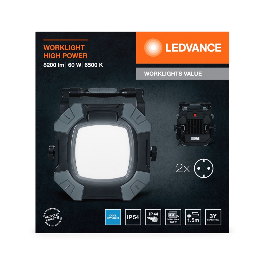 Ledvance - LED Dimmable φωτιστικό εργασίας με 2 πρίζες WORKLIGHT VALUE LED/60W/230V IP54