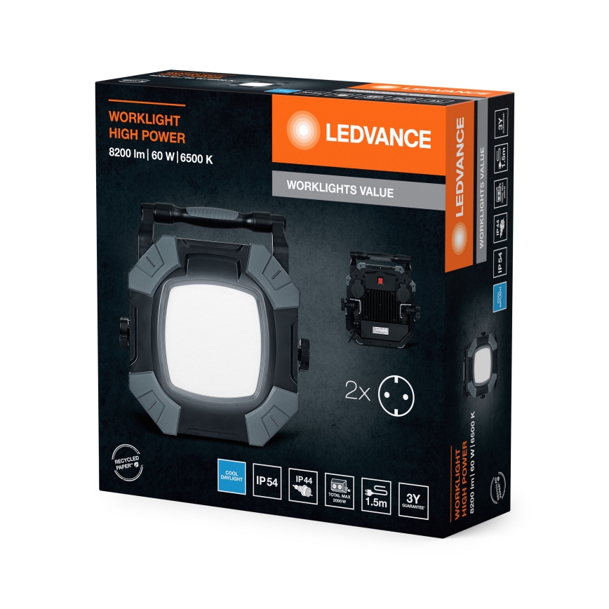 Ledvance - LED Dimmable φωτιστικό εργασίας με 2 πρίζες WORKLIGHT VALUE LED/60W/230V IP54