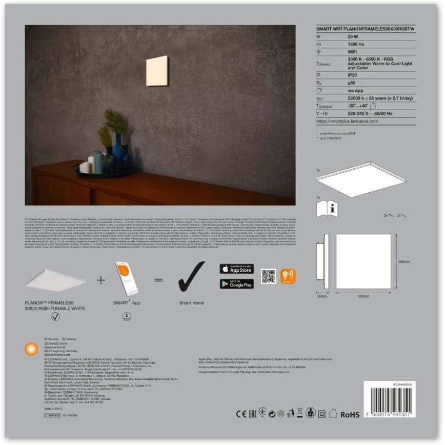 Ledvance - LED RGB+TW Φωτιστικό οροφής με dimmer SMART+ FRAMELESS LED/20W/230V 3000K-6500K Wi-Fi