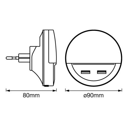 Ledvance - LED φως νυκτός σε πρίζα με αισθητήρα LUNETTA 2xUSB LED/13W/230V