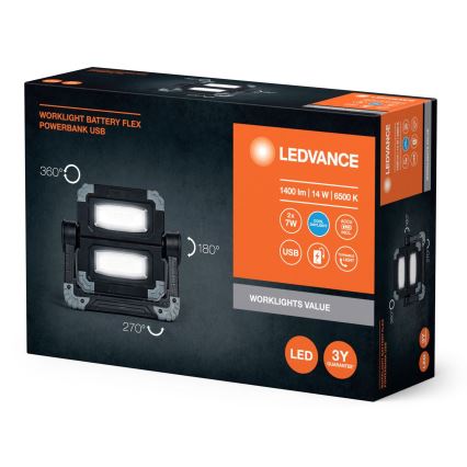 Ledvance - LED Επαναφορτιζόμενο work φωστικό WORKLIGHT BATTERY 2xLED/7W/5V