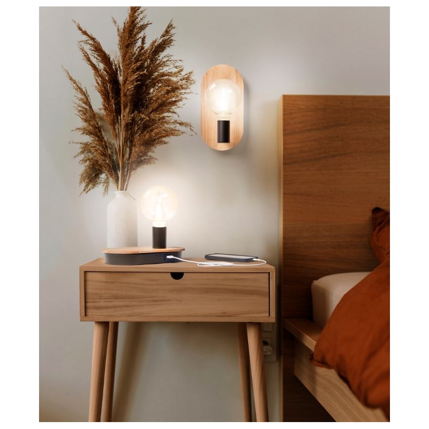 Ledvance - Επιτραπέζιο φωτιστικό αφής με θύρα USB DECOR WOOD 1xE27/8W/230V καουτσουκόδεντρο
