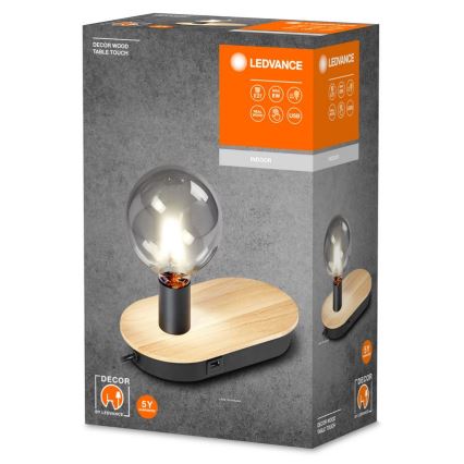 Ledvance - Επιτραπέζιο φωτιστικό αφής με θύρα USB DECOR WOOD 1xE27/8W/230V καουτσουκόδεντρο