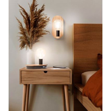 Ledvance - Επιτραπέζιο φωτιστικό αφής με υποδοχή USB connector DECOR WOOD 1xE27/8W/230V καουτσουκόδεντρο