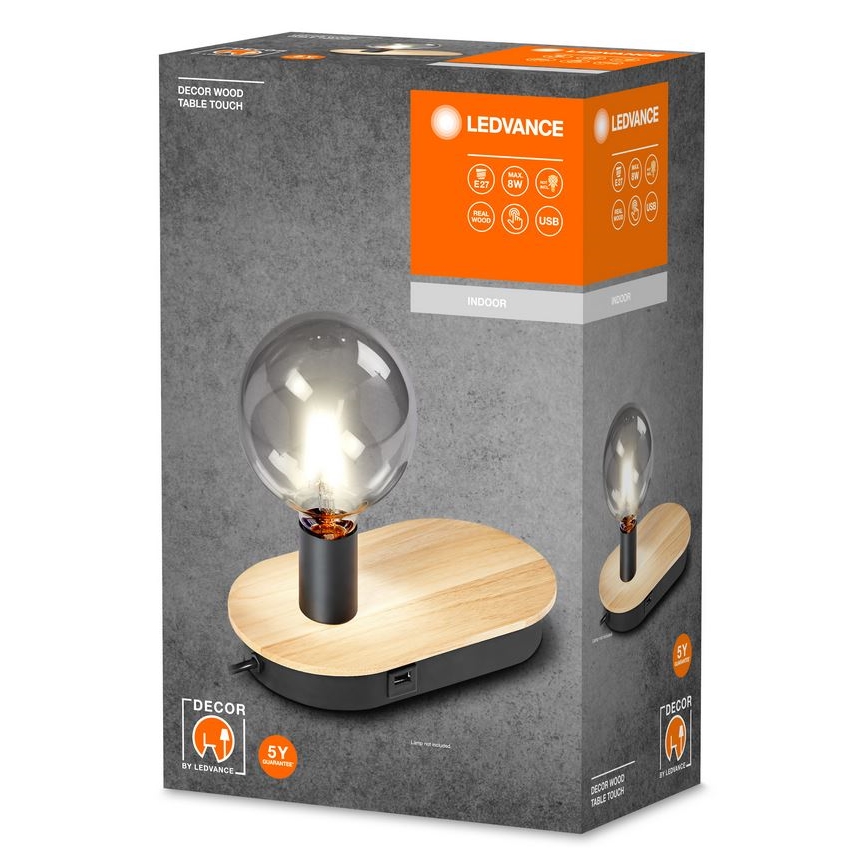 Ledvance - Επιτραπέζιο φωτιστικό αφής με υποδοχή USB connector DECOR WOOD 1xE27/8W/230V καουτσουκόδεντρο
