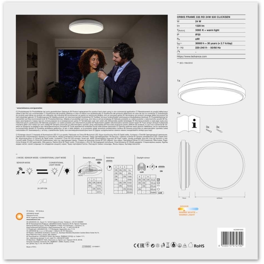Ledvance - Οροφιαίο φωτιστικό LED με αισθητήρα ORBIS LED/24W/230V 3000K