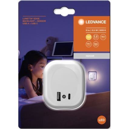 Ledvance - Φωτάκι νυκτός πρίζας LED με αισθητήρα και USB LUNETTA LED/12,5W/230V 3000K λευκό