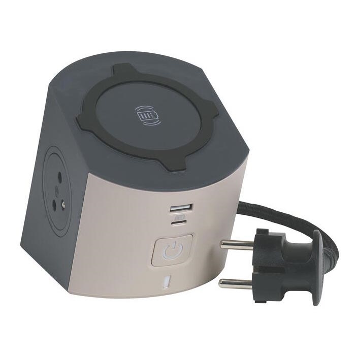 Legrand 049402 - Πολύπριζο με διακόπτη 2Z Type E + USB-A + USB-C και ασύρματη φόρτιση 10W 2m καφέ