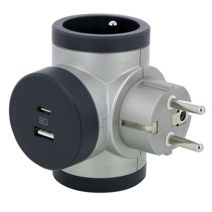Legrand 049439 - Πολύπριζο με περιστροφή 2Z Type E + USB-A + USB-C ασημί/μαύρο