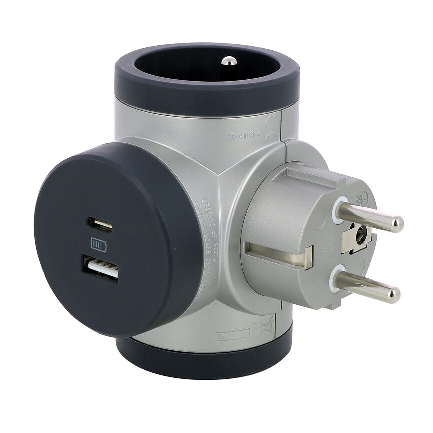 Legrand 049439 - Πολύπριζο με περιστροφή 2Z Type E + USB-A + USB-C ασημί/μαύρο