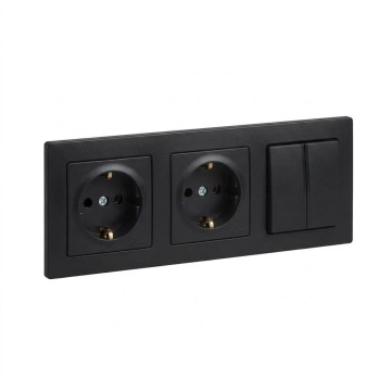 Legrand - Διπλή οικιακή πρίζα SCHUKO και διπλός σειριακός διακόπτης αρ. 5 με πλαίσιο SUNO 250V μαύρο
