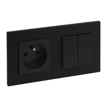 Legrand - Διπλός διακόπτης σκάλας 6+6 και οικιακή πρίζα με πλαίσιο NILOE STEP 250V μαύρο