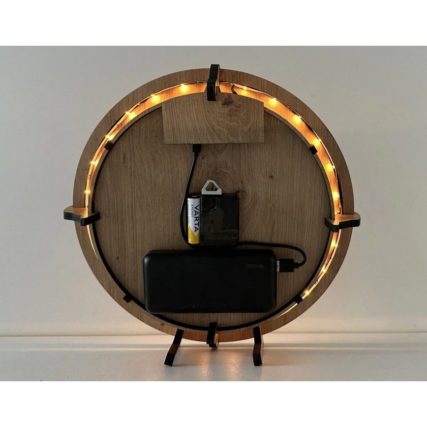 Li-Go 23688/DUB2 - Ρυθμιζόμενο LED ρολόι με αισθητήρα κίνησης LED/5V 20000 mAh + 1xAA, διάμ. 32 cm, δρυς/Πικραλίδα